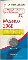 Olaszország 2006. aranyozott fém emlékérem az 1968-as mexikói Olimpia logójával, eredeti, de kissé viseltes "Az olimpia hivatalos érmei - 31. - Mexikó 1968" díszlapon (32mm) T:UNC  Italy 2006. gilt metal medallion with the logo of the Olympiad in Mexico 1968, in original, but worn "Le Medaglie ufficiali delle Olimpiadi - 31. - Messico 1968" sheet (32mm) C:UNC