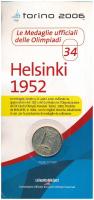 Olaszország 2006. aranyozott fém emlékérem az 1952-es helsinki Olimpia logójával, eredeti, de kissé viseltes "Az olimpia hivatalos érmei - 34. - Helsinki 1952" díszlapon (32mm) T:UNC Italy 2006. gilt metal medallion with the logo of the Olympiad in Helsinki 1952, in original, but worn "Le Medaglie ufficiali delle Olimpiadi - 34. - Helsinki 1952" sheet (32mm) C:UNC