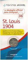 Olaszország 2006. aranyozott fém emlékérem az 1904-es St. Louis-i Olimpia logójával, eredeti, de kissé viseltes "Az olimpia hivatalos érmei - 36. - St. Louis 1904" díszlapon (32mm) T:UNC Italy 2006. gilt metal medallion with the logo of the Olympiad in St. Louis 1904, in original, but worn "Le Medaglie ufficiali delle Olimpiadi - 36. - St. Louis 1904" sheet (32mm) C:UNC