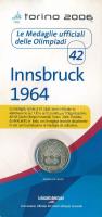 Olaszország 2006. aranyozott fém emlékérem az 1964-es innsbrucki Olimpia logójával, eredeti, de kissé viseltes "Az olimpia hivatalos érmei - 42. - Innsbruck 1964" díszlapon (32mm) T:UNC Italy 2006. gilt metal medallion with the logo of the Olympiad in Innsbruck 1964, in original, but worn "Le Medaglie ufficiali delle Olimpiadi - 42. - Innsbruck 1964" sheet (32mm) C:UNC