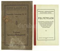 Budapest Székesfőváros Elektromos Művei - Feltételek elektromos világítási és erőátviteli berendezéseknek a Budapest Székesfőváros Elektromos Műveinek hálózatához való kapcsolásra. Bp., 1926, Székesfővárosi Házinyomda, 22 p. Tűzött félvászon-kötés, a hátsó borító kissé koszos. + Tragbare Isolations-Meßapparate. Technische Anweisung Nr. 12. Siemensstadt-Berlin, 1914, Siemens & Halske A.-G., 32 p. Tűzött papírkötés, foltos borítóval.