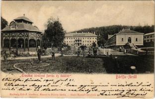 1901 Bártfafürdő, Bardejovské Kúpele, Bardiov, Bardejov; Erzsébet királyné forrás, Deák tér és szálloda. Eschwig Ede F. kiadása, Hajts Kornél felvétele / hotel and spring (fl)