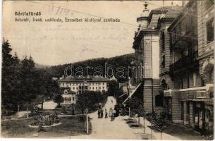 1917 Bártfafürdő, Bardejovské Kúpele, Bardiov, Bardejov; Erzsébet királyné és Deák szálloda, sétatér, Szegő Sándor üzlete / hotels, promenade, shop (EK)