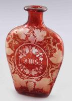 Kreuzbrunn feliratos antik bíborszín flaska, csiszolt, feliratos, XIX. sz, fújt hutaüveg 16 cm