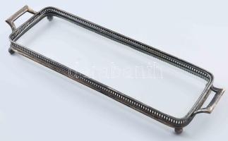 Bauhaus ezüstözött alpakka üvegbetétes tálca, kopással, 45x14 cm