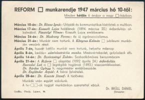 1947 Szabadkőműves páholy (Reform) munkarendje