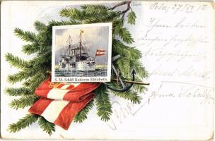 1914 S. M. Schiff Kaiserin Elisabeth. K.u.K. Kriegsmarine. Brüder Kohn Wien I., Offizielle Weihnachtskarte des Österreichischen Flottenvereines zu Gunsten der Kriegsfürsorge (gluemark) s: C. Öhler + "K.u.K. Seearsenalskommission"