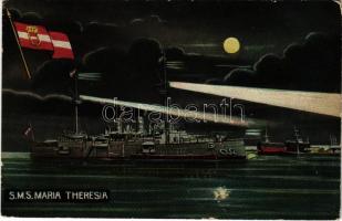 1909 SMS Kaiserin und Königin Maria Theresia páncélos cirkálója este / K.u.K. Kriegsmarine / Austro-Hungarian Navy SMS Kaiserin und Königin Maria Theresia armored cruiser at night, navy flag. G. Fano No. 50.