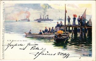 1899 (Vorläufer) S.M. Flotte auf der Rhede. K.u.K. Kriegsmarine XXVI/2. Wiener Künstler-Postkarte. Druck und Verlag Philipp & Kramer / Austro-Hungarian Navy fleet, rowing mariners to SMS Kaiserin und Königin Maria Theresia s: Kircher (EK)