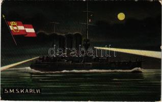 1911 SMS Kaiser Karl VI. K.u.K. Kriegsmarine / SMS Kaiser Karl VI. az Osztrák-Magyar Haditengerészet VI. Károly-osztályú páncélos cirkálója este / WWI Austro-Hungarian Navy SMS Kaiser Karl VI armored cruiser at night, naval flag. G. Fano, Pola 1909. No 46. (EK)