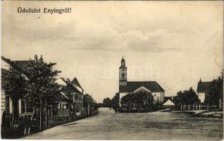 1910 Enying, Fő tér, templom. Politzer Jenő kiadása (EK)