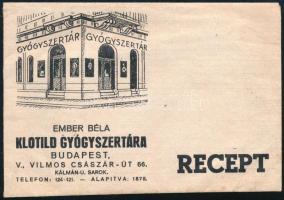 Ember Béla Klotild Gyógyszertára Budapest V. Vilmos császár út 66. receptboríték, recepttel