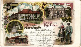 1898 (Vorläufer) Pöstyén, Pistyan, Piestany; Gyógyterem, Cs. és kir. katonai kórház, emlékmű, népviselet, Úri utca, A. Bernas üzlete és saját kiadása No. 1329. / Cursalon, K.u.k. Militär Badehaus, Herrngasse, Pöstyéner Tracht / spa, bath, K.u.k. military hospital, monument, street, shop, folklore. Art Nouveau, floral, litho (szakadás / tear)