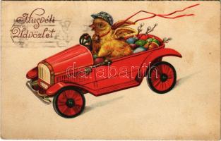 1935 Húsvéti üdvözlet, autóban száguldozó kiscsibe / Easter greeting, chick in automobile. L & P 2507. (EK)