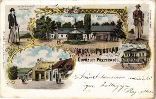 1899 (Vorläufer) Pöstyén, Pystian, Piestany; Die Bäder, Königs Villa, Café Strasser, Wo wollen Sie hin? Nach Pöstyén! Wo kommen Sie her? Aus Pöstyén! / A fürdők, Király villa, Strasser kávéház / spa, baths, café, villa. Verlag v. A. Bernas No. 1328. Art Nouveau, floral, litho