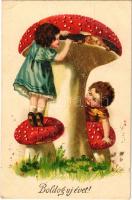 Boldog új évet! Gombák / New Year greeting, mushrooms. H & S. B. litho (EK)