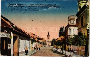 1920 Pöstyén, Pistyan, Piestany; Tüköri villa, Ferenc József út, Mészáros Tivadar üzlete / villa, street view, shop + " CS. PESI PLUK: C: 17. II. SETNINA KULUMETU." (fa)