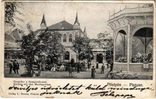 1909 Pöstyén, Piestany; Gyógyház és zenepavilon. L. Bernas kiadása / Kurhaus mit dem Musikpavillon / spa, bath, music pavilion (ázott / wet damage)