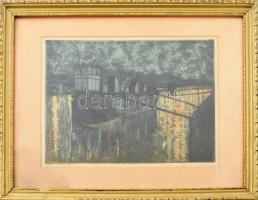 Nyári Lóránt (1928-1982): Stég az esti Dunán. Színes rézkarc, papír, jelzett, üvegezett fakeretben, ...