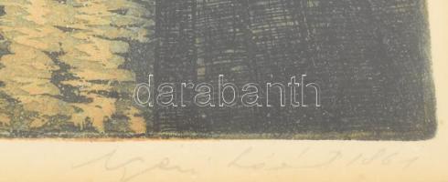 Nyári Lóránt (1928-1982): Stég az esti Dunán. Színes rézkarc, papír, jelzett, üvegezett fakeretben, ...