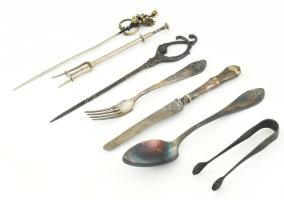 7 darab antik ezüstözött evőeszköz, szervírozóeszköz, jó darabokkal