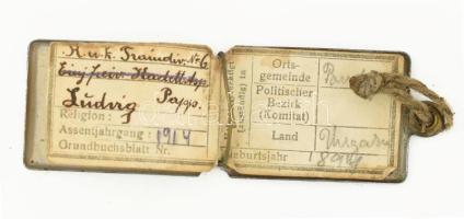 1914 I. vh.-s dögcédula tartó benne cédulával 6x3,5 cm