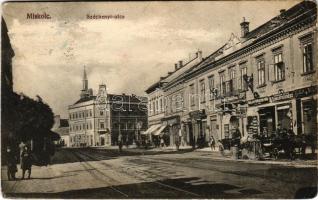 Miskolc, Széchenyi utca, Brauner Artur szaklátszerész, Herskovits Mór és Bloch Béla üzlete, Vasutas Takarékpénztár. Divald Károly fia 4-1913. (Rb)