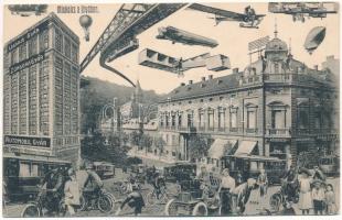 Miskolc a jövőben, Léhajó, zongora és automobil gyár, gyógyszertár. Montázs, Grünwald Ignác 1910. 7295.
