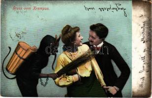 1904 Gruss vom Krampus / Krampus greetings with birch and couple (EK)