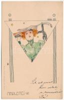 1900 Radlerei VI / Art Nouveau lady with bicycle. B&S Wien Serie No. 1044. litho s: Raphael Kirchner (EK)