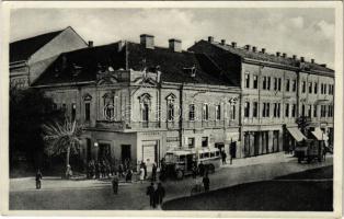 Munkács, Mukacheve, Mukacevo; Hotel Cilag a Rákoczyho ulice / Rákóczi utca, Csillag szálloda, autóbusz / street view, hotel, autobus