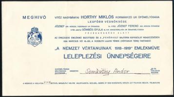 1934 A Nemzet vértanúinak 1918-1919 emlékműve leleplezési ünnepségére szóló meghívó. 8 p. térképpel Horthy Miklós védnökségével