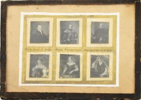 Nyáregyházi Nyáry nemesi család 6 tagjáról, régi festmények után készült fotókból álló tabló: Nyáry Ignác, Nyáry Antal, Kubinyi András és nejei. Feltehetően XX. első fele. Üveg mögött, üveg bal alsó sarkában törött. 9×12 cm.