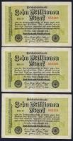 Német Birodalom / Weimari Köztársaság 1923. 10.000.000M (3x) "Hakensterne" vízjellel, közeli sorszámokkal T:I,I-