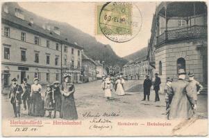 1904 Herkulesfürdő, Baile Herculane; Herkules tér, Sarolta fürdő / square, spa. TCV card (ázott sarok / wet corner)