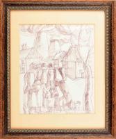 Szabó Zoltán, Angyalföldi (1929-2014): Tripolisz siratása, 1978. Filctoll, papír, jelzett. 35×28 cm Dekoratív, üvegezett fakeretben.