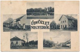 1929 Negyed, Neded; vasútállomás, Református templom és iskola, utca, Hangya szövetkezet üzlete és saját kiadása / railway station, Calvinist church and school, street view, cooperative shop (b)