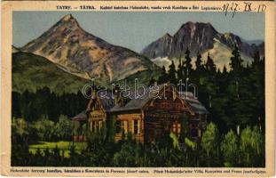 1927 Felsőhági, Visne Hagy, Vysné Hágy (Tátra, Magas-Tátra, Vysoké Tatry); Hohenlohe herceg vadászkastélya, háttérben a Koncsiszta és a Ferenc József csúcs. Földes Samu kiadása / Fürst Hohenlohe'sches Villa (Jagdschloss), Koncsiszta und Franz Josefs-Spitze / hunting lodge, hunting castle, mountain peaks Koncistá and Stít Frantiska Jozefa (Gerlachovsky stít) (EK)