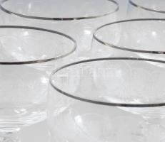 6 db régi pezsgős pohár, ezüstözött peremmel.csiszolt, minimális kopással m: 14 cm