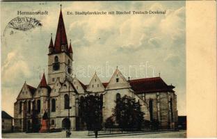 1915 Nagyszeben, Hermannstadt, Sibiu; Ev. Stadtpfarrkirche mit Bischof Teutsch-Denkmal / Evangélikus templom, Teutsch püspök emlékmű. W. Krafft kiadása / Lutheran church, monument