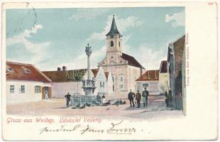 1913 Védeny, Weiden am See; Fő tér, Szentháromság szobor, templom. Karl Schmidt kiadása / Hauptplatz, Kirche / main square, church