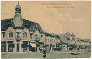 1907 Marosvásárhely, Targu Mures; Agrár takarékpénztár részvénytársaság, Landau Berta üzlete, Vendéglő és szálloda a Vadászkürthöz, sörcsarnok, felállványozott épületek építkezés közben. W.L. 29. / agricultural savings bank, shops, hotel and restaurant, beer hall, construction (EB)