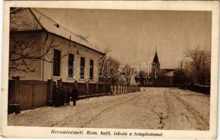 1942 Hernádnémeti, Római katolikus iskola a templommal télen. Hangya szövetkezet kiadása (EK)