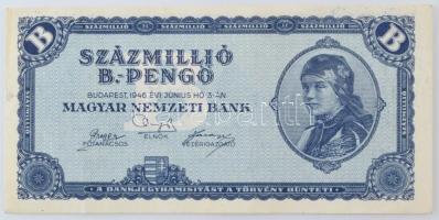 1946. 100.000.000BP T:F szép papír, lyuk / Hungary 1946. 100.000.000 B-Pengő C:F nice paper, hole Adamo P39