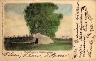 1903 Keszthely, Halászkunyhó a Balaton partján, magyar folklór, vasútállomás a háttérben. Mérei Ignác kiadása (kis szakadás / small tear)