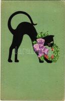 1929 Fekete macska koszorúval, kézzel készült képeslap / black cat, hand-made postcard