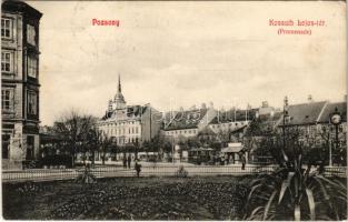 1908 Pozsony, Pressburg, Bratislava; Kossuth Lajos tér, villamos. Kaufmann's Bediene dich allein / promenade, tram (EK)