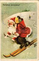 Kellemes ünnepeket! Magyar szocreál karácsonyi üdvözlet kommunista Mikulással. Képzőművészeti Alap / Hungarian Socialist propaganda with Christmas greeting, Communist Saint Nicholas (Rb)