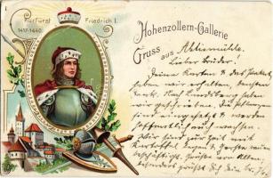 1902 Kurfürst Friedrich I. (Brandenburg) 1417-1440. Hohenzollern-Gallerie. Verlag von Julius Goldiner / Frederick I, Elector of Brandenburg, castle. Art Nouveau, litho (fa)