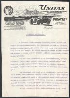 1929 Tátra teherautó Unitas automobil ipari és kereskedelmi rt. fejléces számla